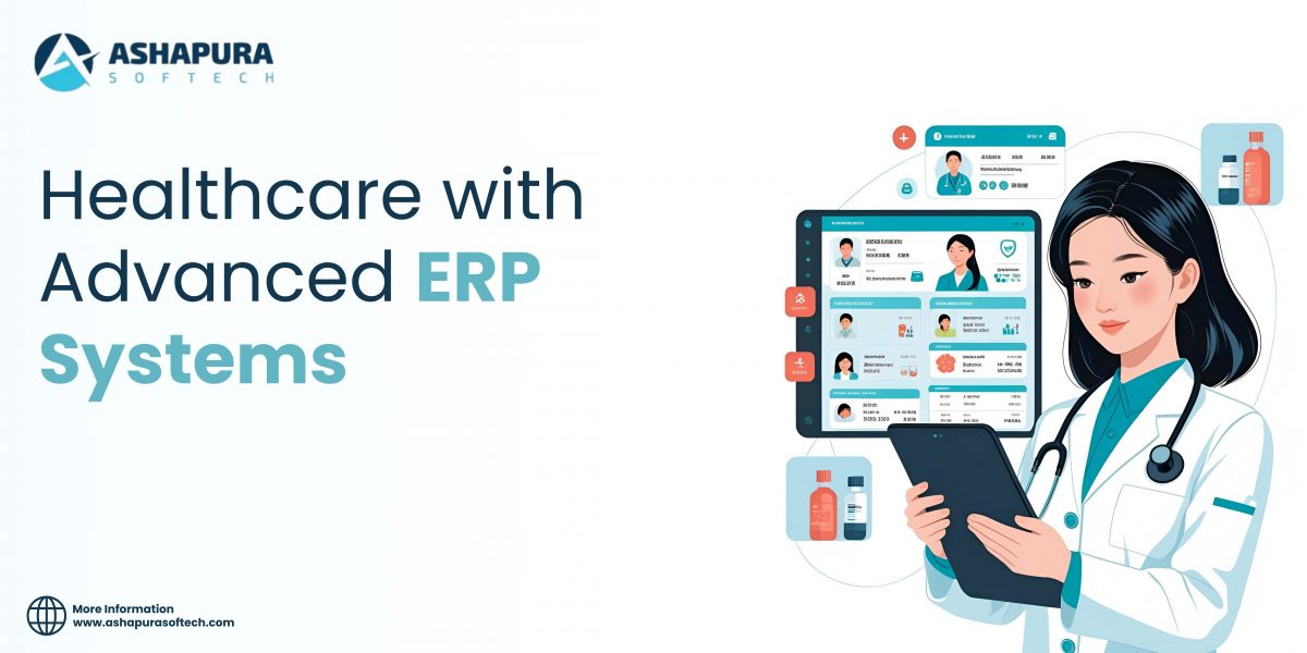 Doctor using a digital ERP system to manage patient records, medications, and healthcare workflows, representing tech-driven healthcare transformation.