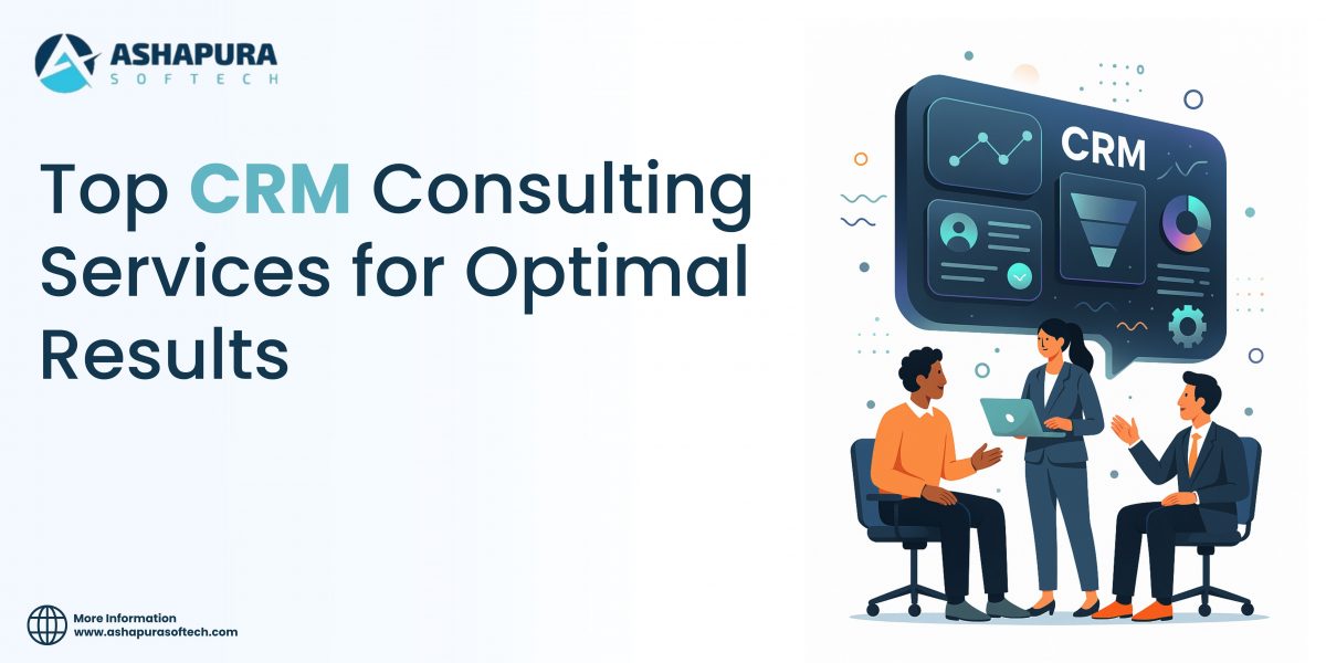 Business professionals discussing CRM strategy with analytics dashboards and data charts, representing expert CRM consulting services by Ashapura Softech.