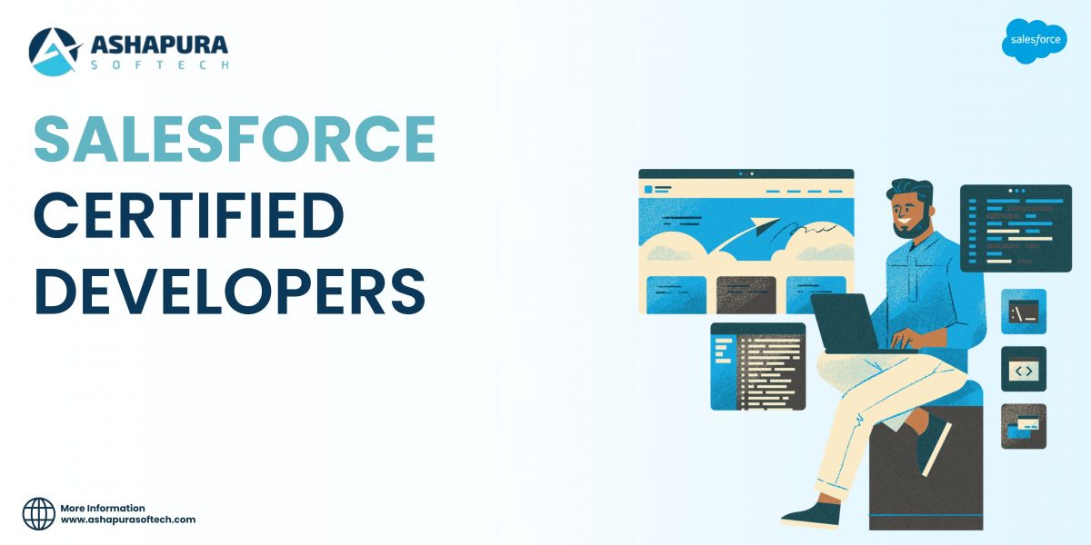 Illustration of a developer working on a laptop with multiple code windows, representing Ashapura Softech’s Salesforce Certified Developers and expert solutions.