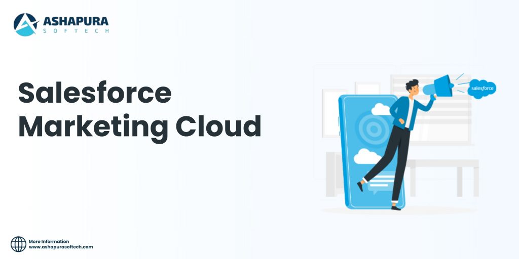 A digital marketer uses a megaphone to amplify Salesforce Marketing Cloud, with Ashapura Softech branding and a modern workspace background.