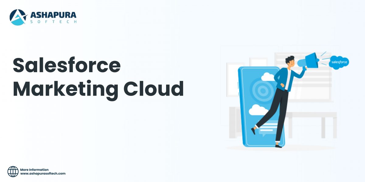 A digital marketer uses a megaphone to amplify Salesforce Marketing Cloud, with Ashapura Softech branding and a modern workspace background.