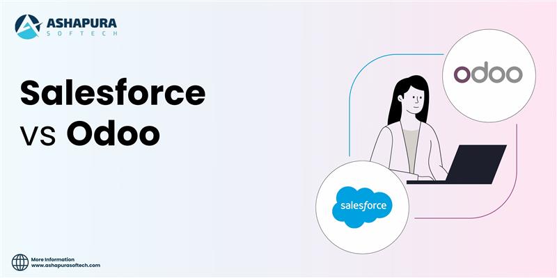 Visual representation of Salesforce and Odoo CRM comparison by Ashapura Softech for better business decisions and improved customer relationship management.