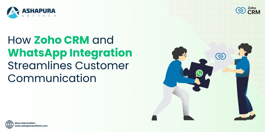 A visual of two people joining puzzle pieces with Zoho CRM and WhatsApp logos, representing seamless integration for improved customer communication and engagement.