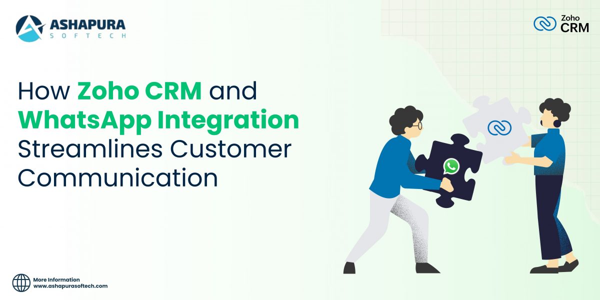 A visual of two people joining puzzle pieces with Zoho CRM and WhatsApp logos, representing seamless integration for improved customer communication and engagement.
