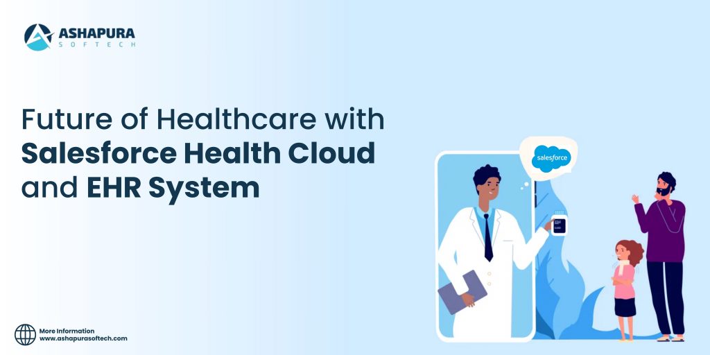 Illustration showing future healthcare powered by Salesforce Health Cloud and EHR systems, connecting doctors, patients, and digital health records.