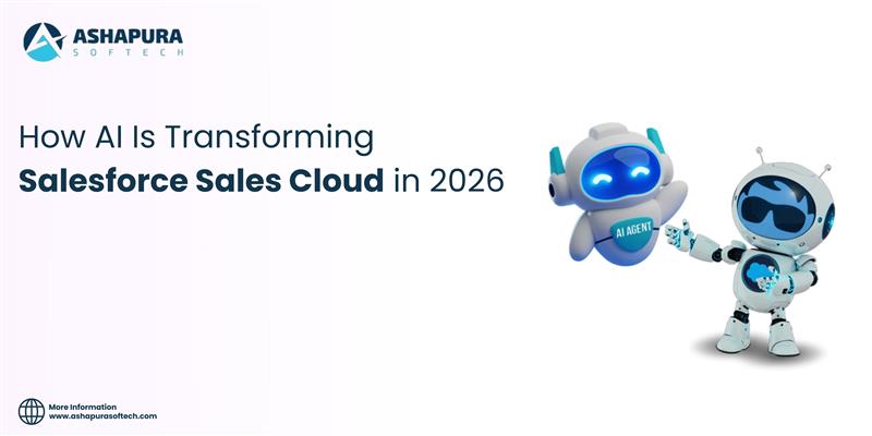 Illustration of AI agents with text ‘How AI Is Transforming Salesforce Sales Cloud in 2026’ representing future AI-driven sales innovation. 