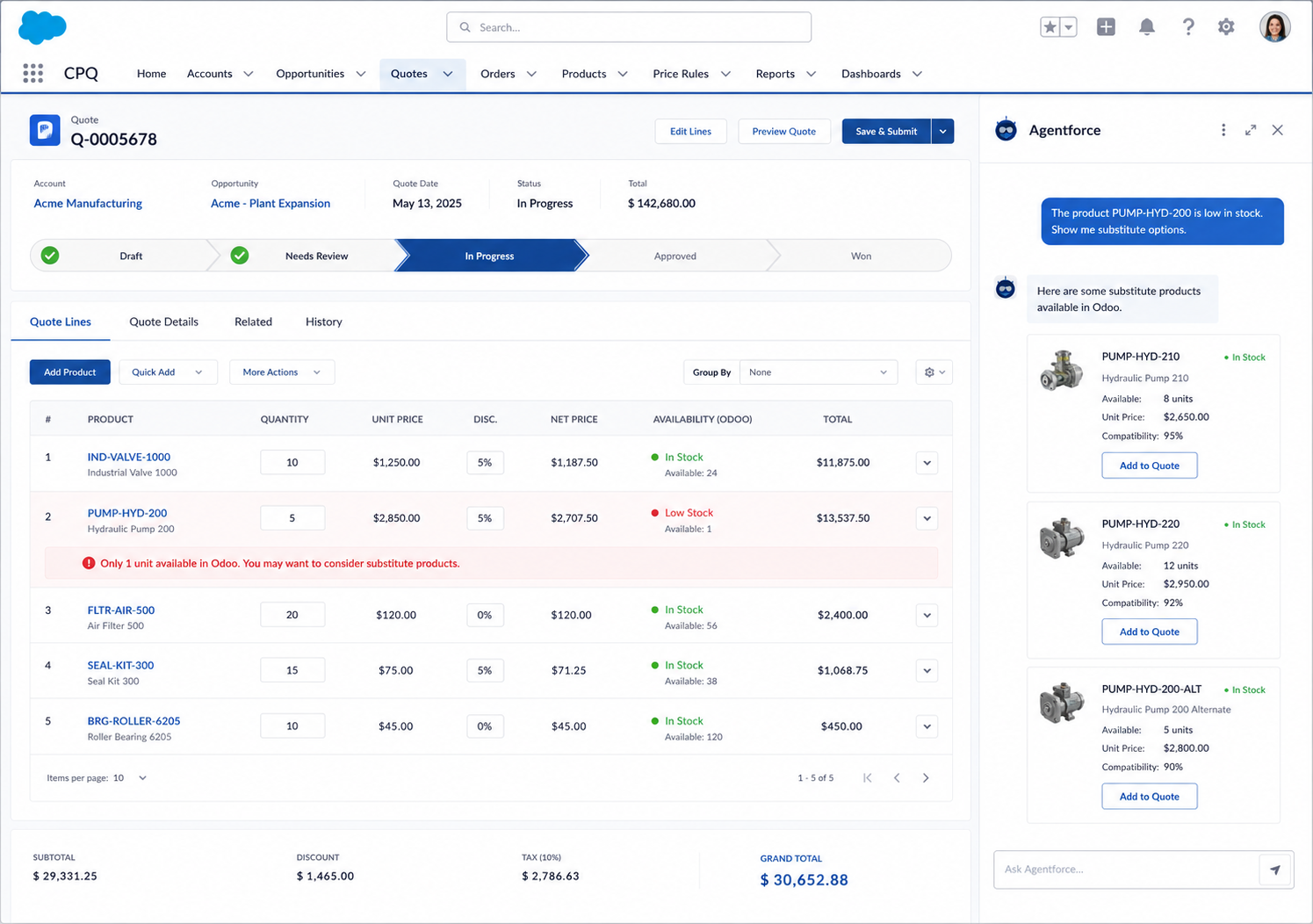 Salesforce CPQ Quote Line Screen with Agentforce Assistant