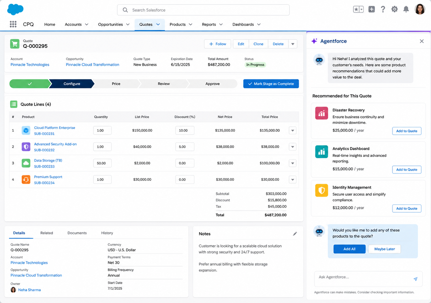 Salesforce CPQ Quote Screen with Agentforce Panel