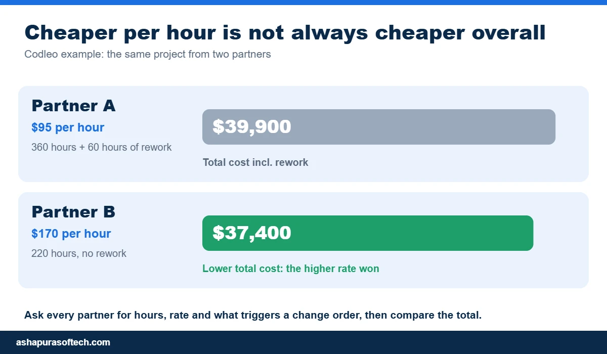 CRM implementation partner example showing a higher hourly rate with a lower total cost