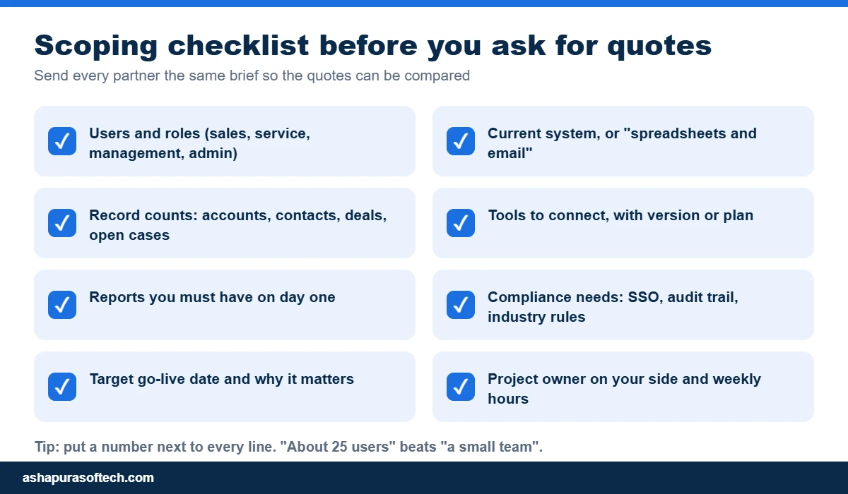CRM implementation services scoping checklist to send every partner before quotes