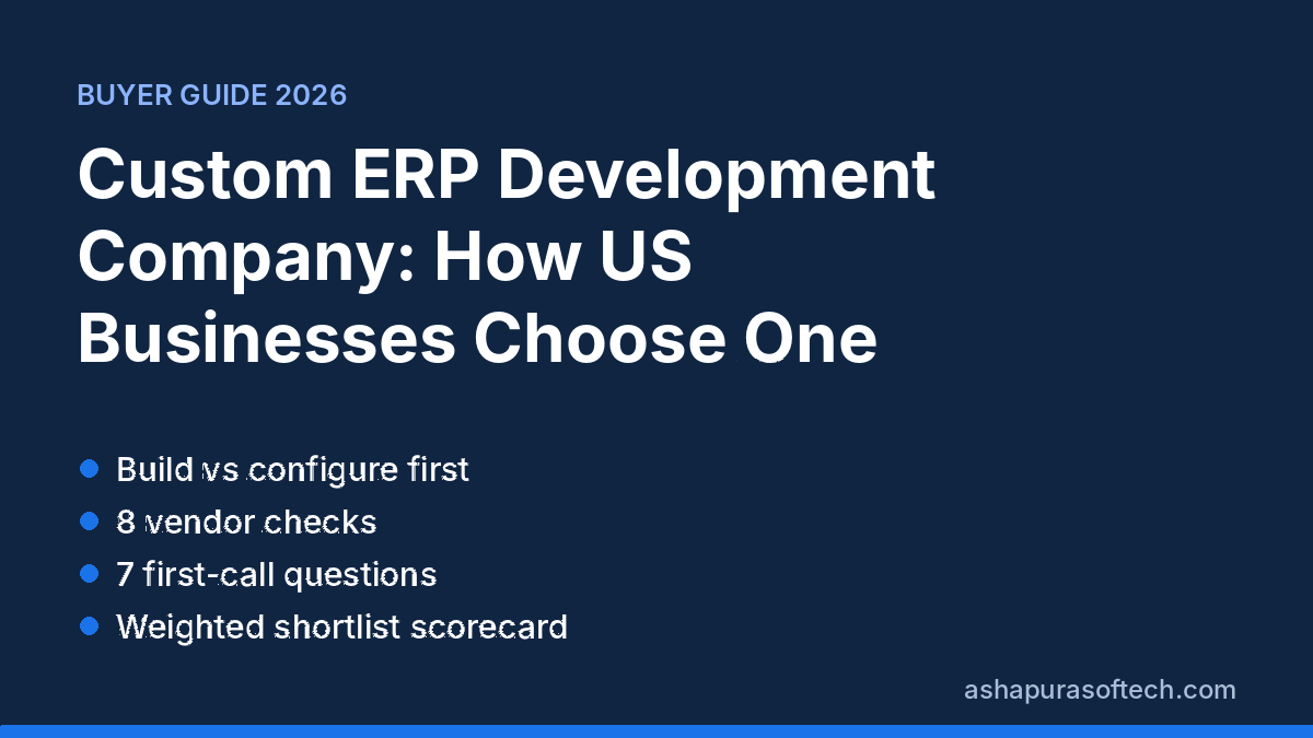 How to choose a custom ERP development company: build vs configure, vendor checks, first-call questions and shortlist scorecard